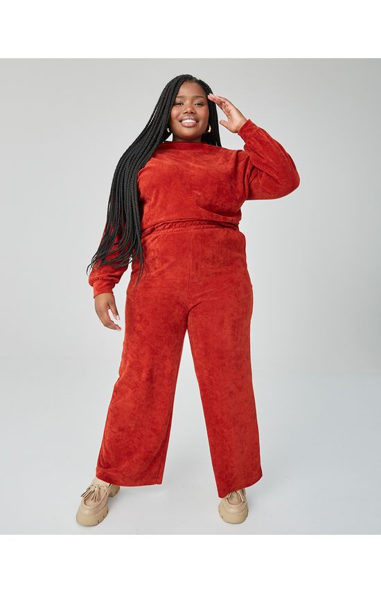Calça Reta Feminina Plus Size Em Malha Plush Cotelê
