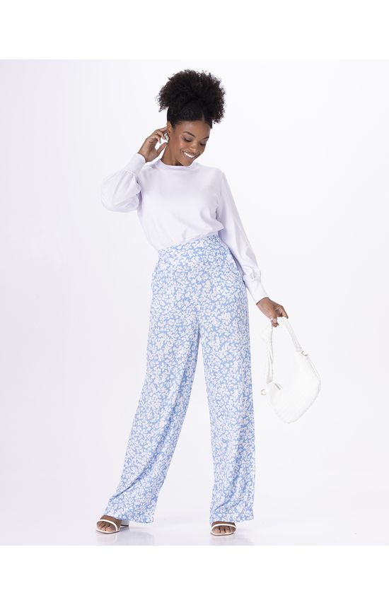 Calça Reta Feminina Floral Em Viscose Texturizada