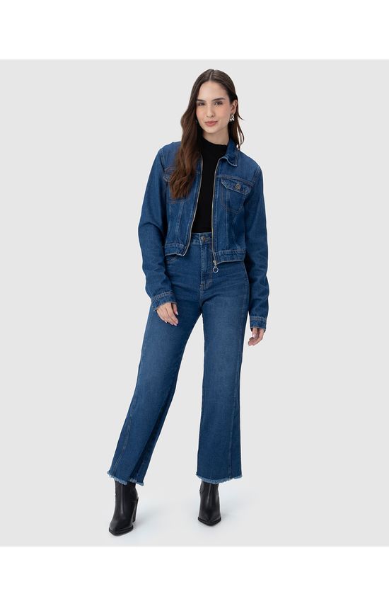 Calça Straight Cropped Feminina Barra Desfiada Em Jeans Com Elastano