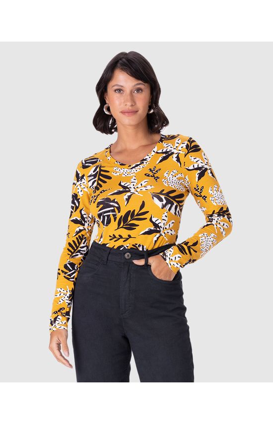 Blusa Feminina Gola V Estampada Em Viscose Stretch