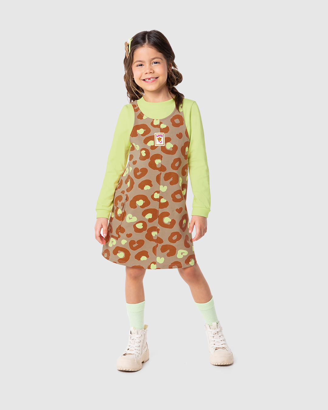 Conjunto Infantil Menina Salopete Estampada em Moletom Stretch Malwee Kids