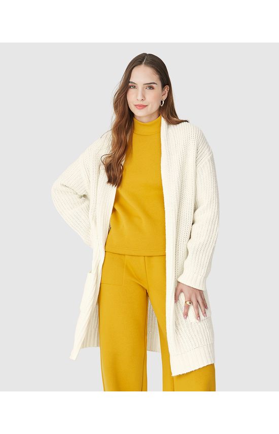 Cardigan Alongado Feminino Com Bolsos Em Tricô