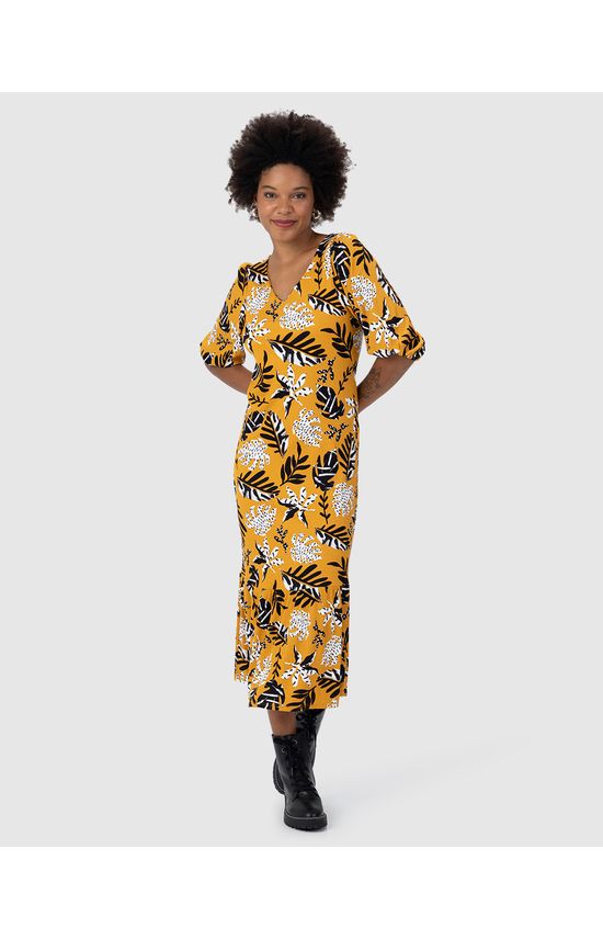 Vestido Midi Feminino Estampado Manga Bufante Em Malha Viscose Canelada