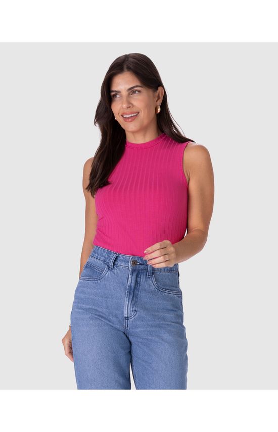 Regata Básica Feminina Gola Alta Em Canelado De Viscose