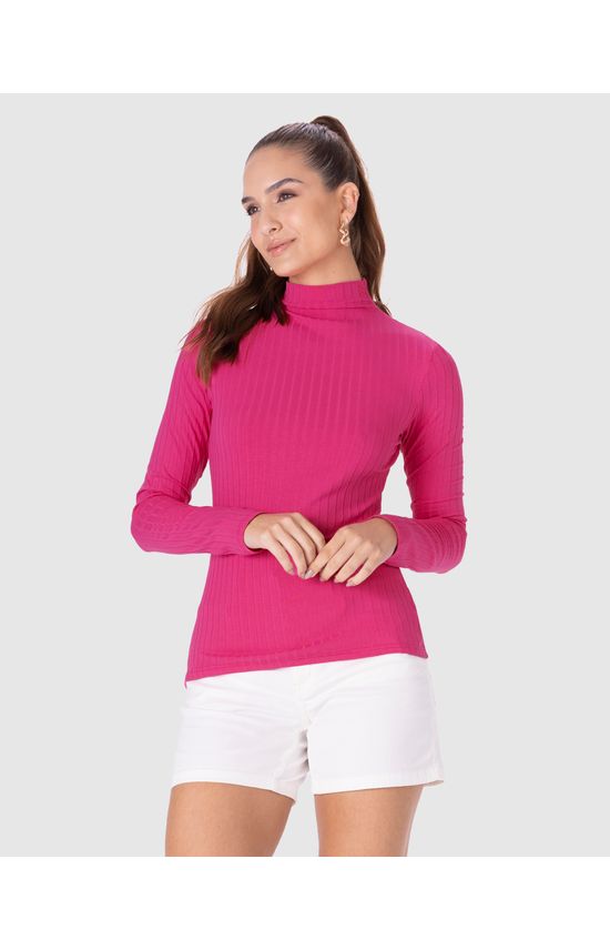 Blusa Básica Feminina Gola Alta Em Malha Canelada De Viscose