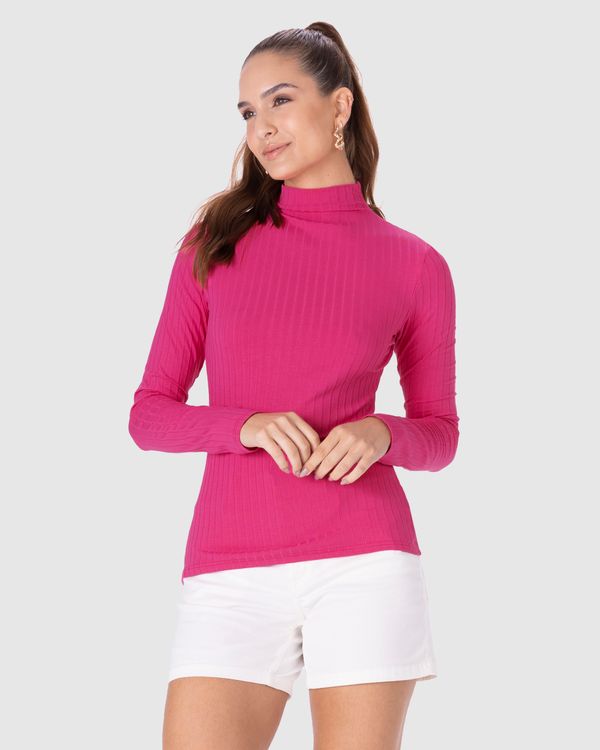 Blusa Básica Feminina Gola Alta Em Malha Canelada De Viscose Rosa - PP
