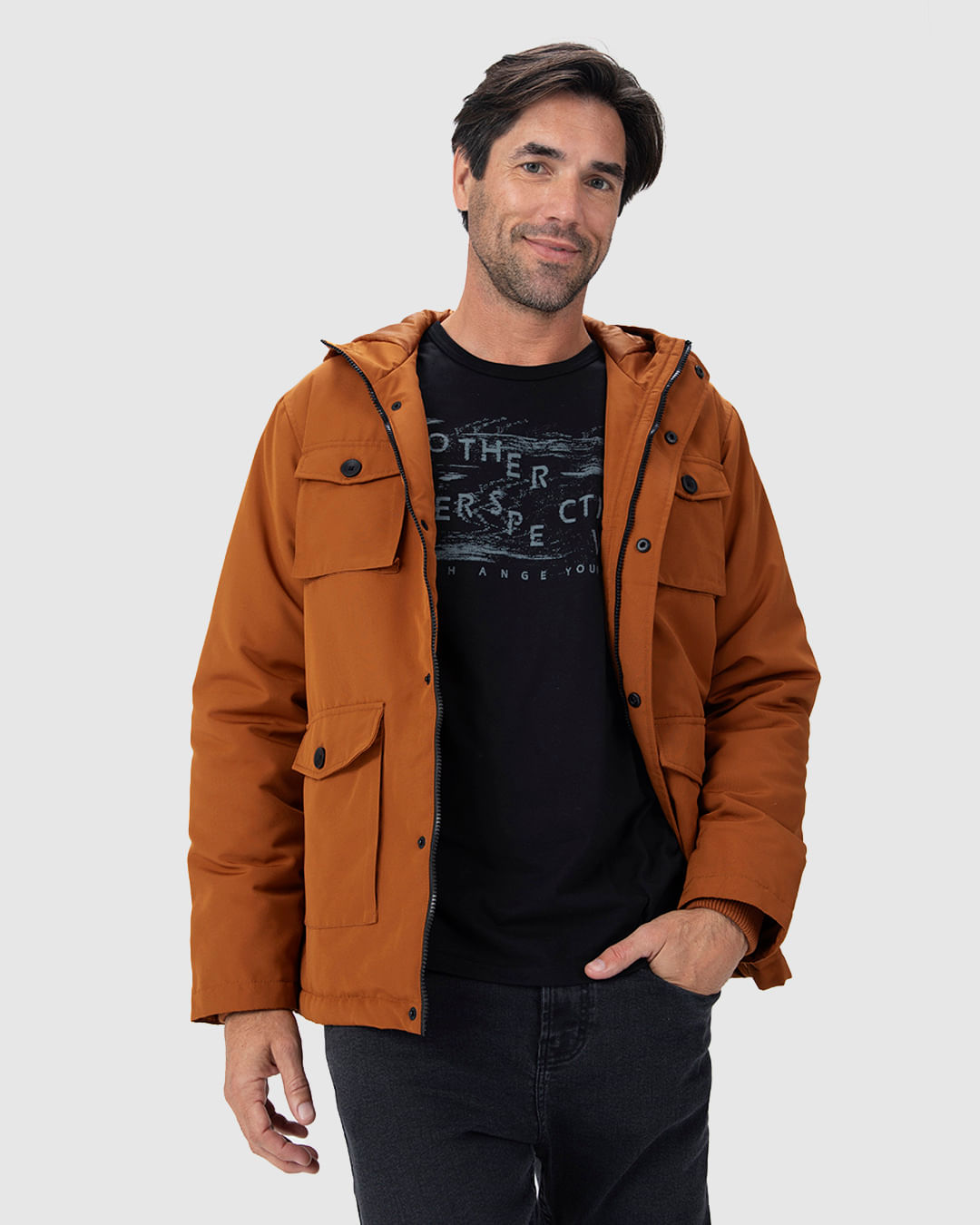 Jaqueta Masculina Bolsos Frontais em Tecido Repelente de Água