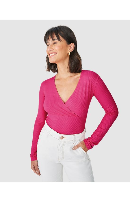 Blusa Feminina Manga Longa Decote Transpassado Em Malha Viscose Canelada