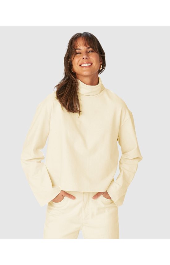 Blusa Feminina Manga Longa Gola Alta Em Moletinho Linho Stretch