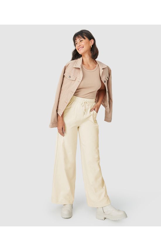 Calça Wide Leg Feminina Bolso Funcional Em Moletinho Linho Stretch