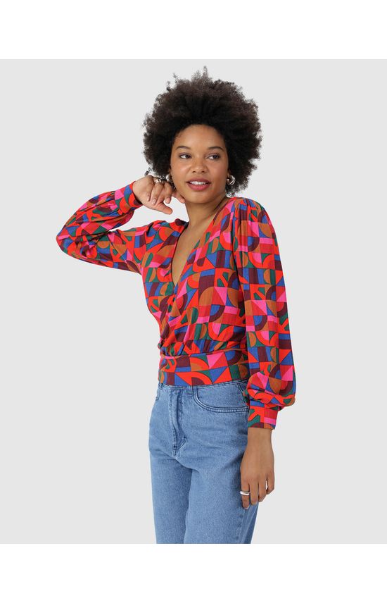 Blusa Cropped Feminina Estampa Geométrica Em Malha Viscose Canelada