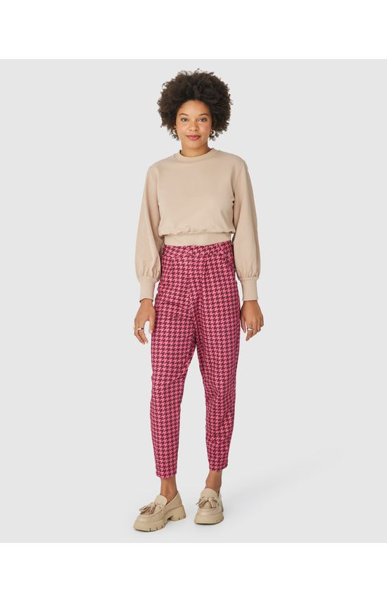 Calça Alfaiataria Feminina Estampa Pied De Poule Em Moletom Stretch