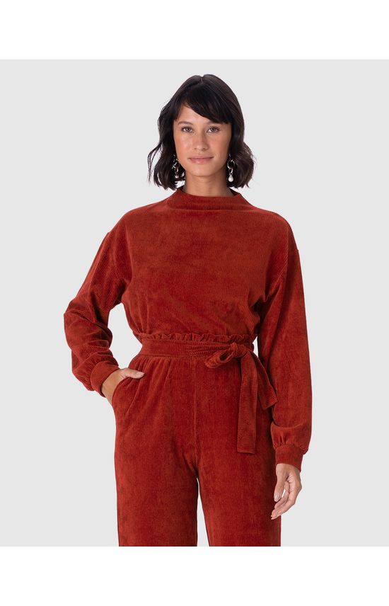 Blusão Feminino Punho Franzido Em Malha Plush Cotelê
