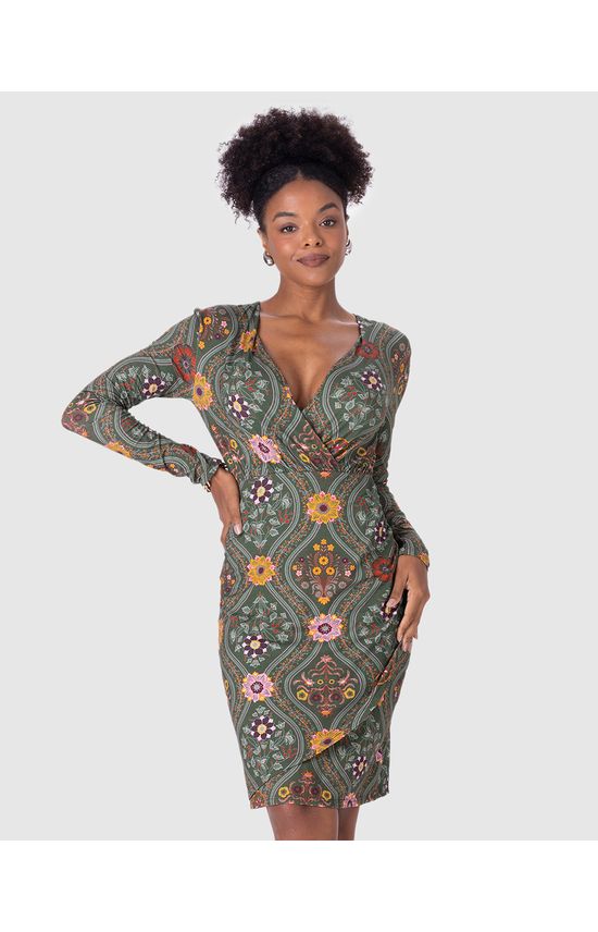 Vestido Feminino Transpassado Manga Longa Em Viscose Stretch