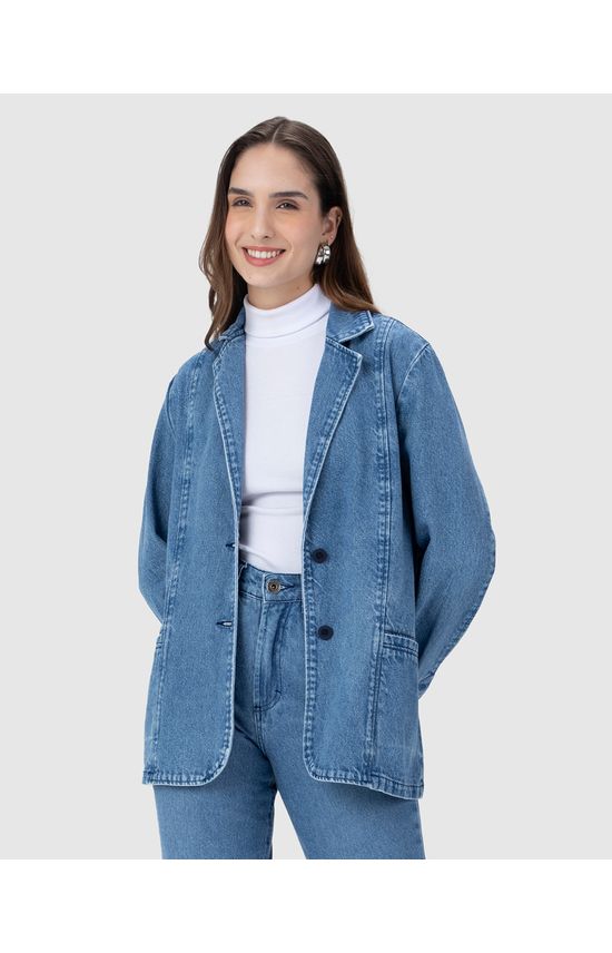Blazer Feminino Alongado Em Jeans 100% Algodão