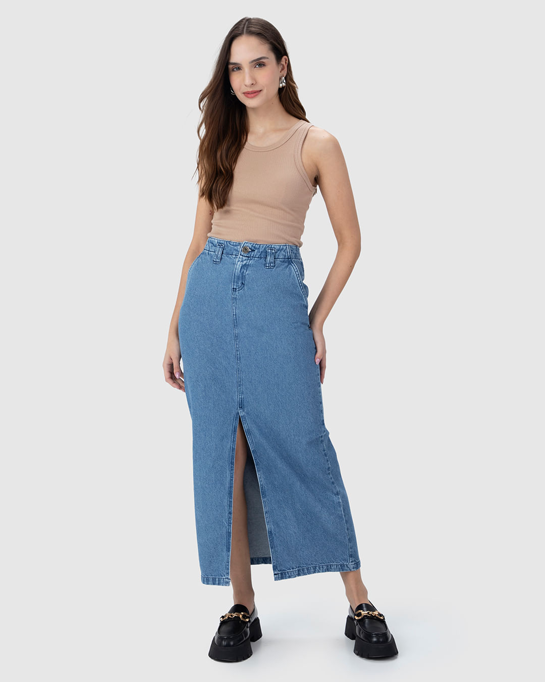 Saia Longa Feminina com Fenda Frontal em Jeans 100% Algodão
