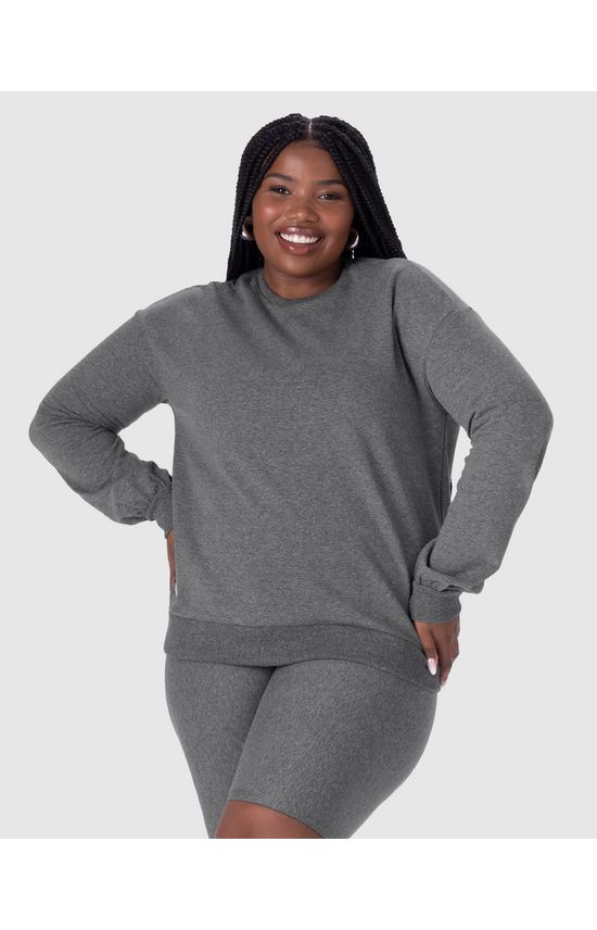 Blusão Básico Feminino Plus Size Decote Redondo Em Moletom Stretch Flanelado