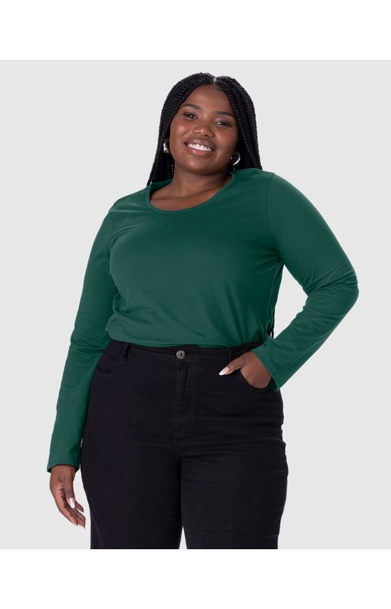 Blusa Básica Feminina Plus Size Manga Longa Em Algodão