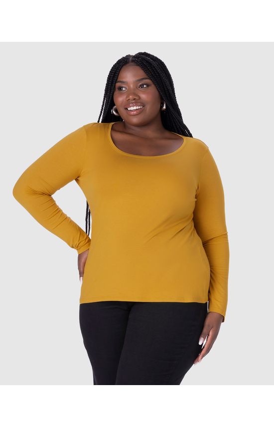 Blusa Básica Feminina Plus Size Decote Redondo Em Viscose Stretch