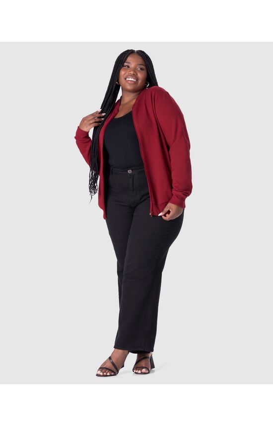 Jaqueta Básica Feminina Plus Size Gola Canelada Em Moletom Flanelado