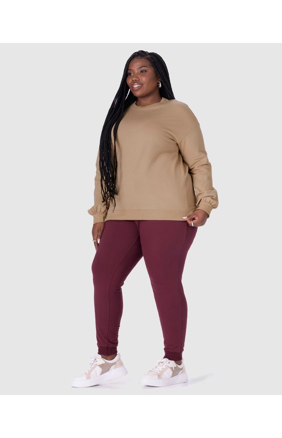 Calça Básica Feminina Plus Size Jogger Em Moletom Stretch Flanelado