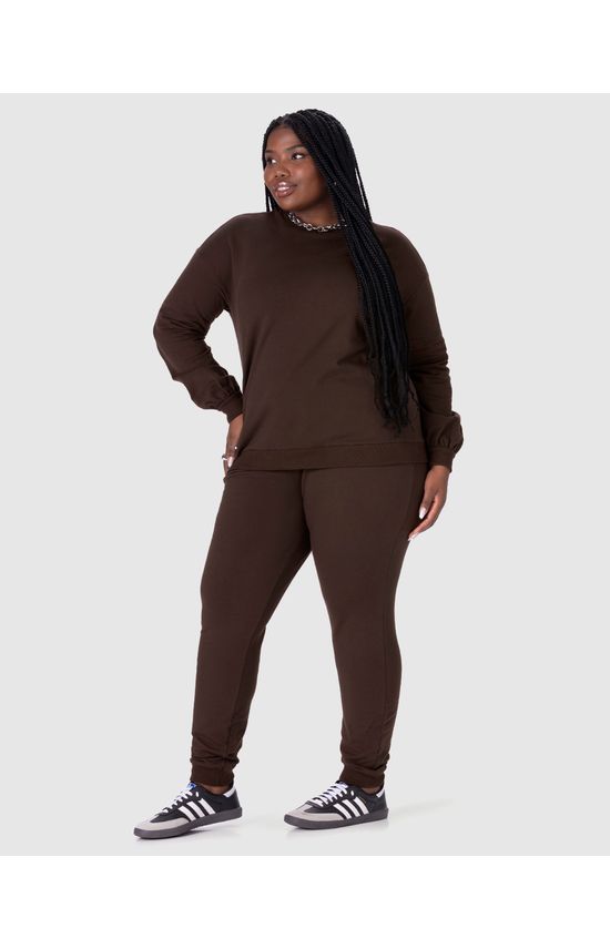Calça Básica Feminina Plus Size Jogger Em Moletom Stretch Flanelado