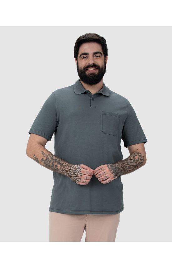 Camisa Polo Básica Masculina Plus Size Bolso Frontal Em Piquet Stretch