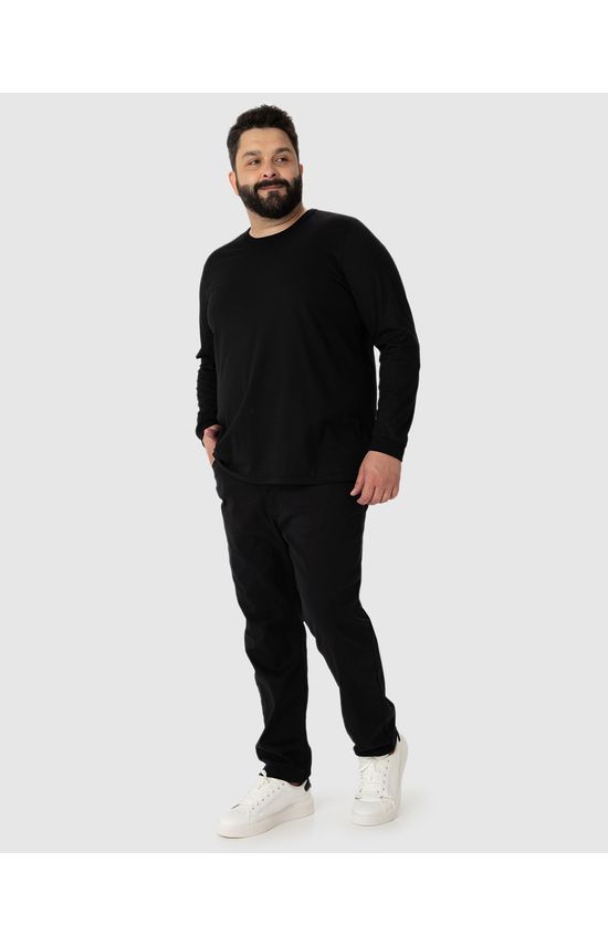 Camiseta Básica Masculina Plus Size Manga Longa Com Punho Em Algodão