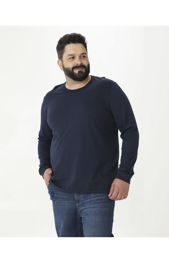 Camiseta Básica Masculina Plus Size Manga Longa Com Punho Em Algodão