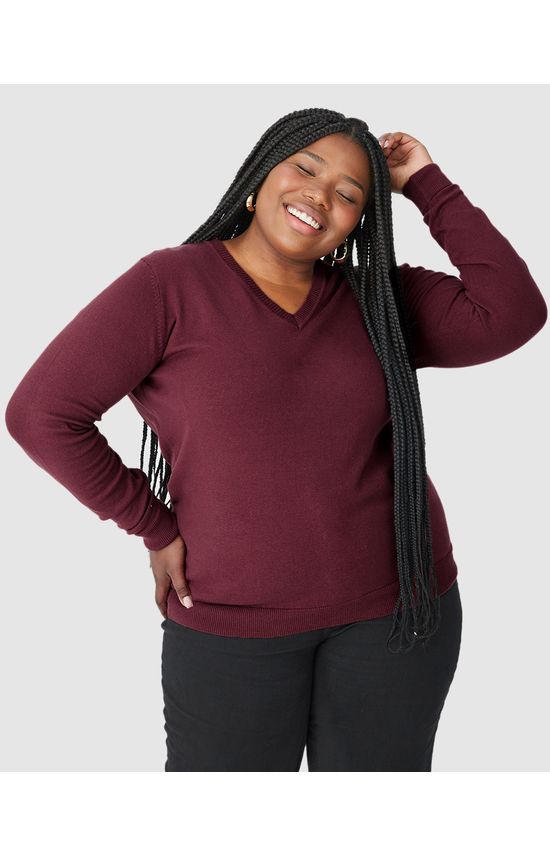 Suéter Básico Feminino Plus Size Gola V Em Tricô