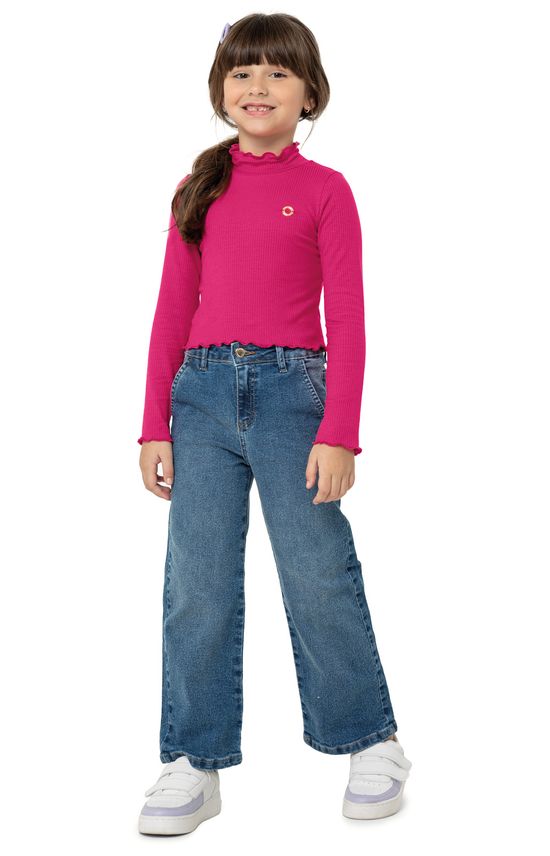 Blusa Menina Manga Longa Picot Em Malha Viscose Canelada - Carinhoso