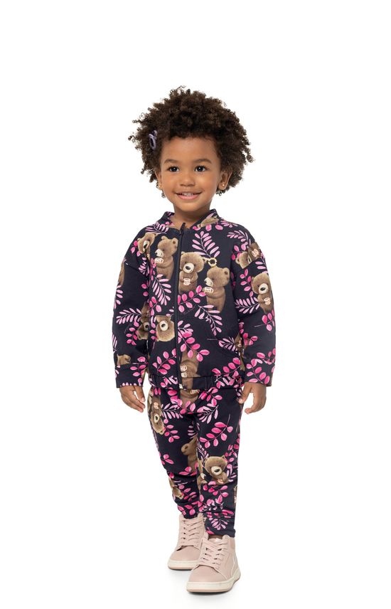Conjunto Menina Jaqueta E Calça Estampada Em Moletom Stretch - Carinhoso