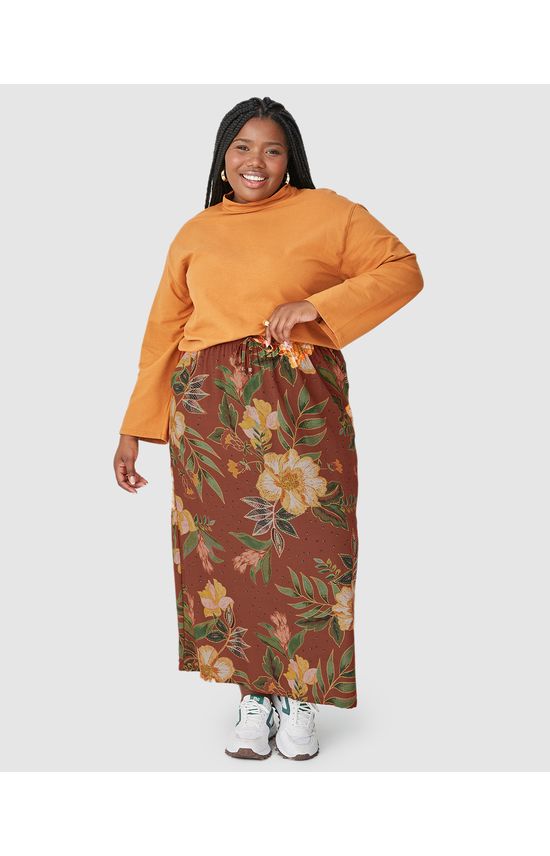 Saia Midi Feminina Plus Size Estampada Em Viscose