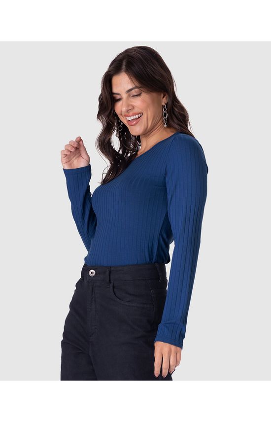 Blusa Básica Feminina Manga Longa Em Malha Canelada De Viscose