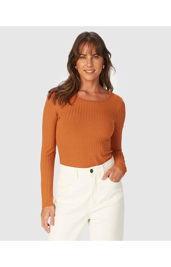 Blusa Básica Feminina Manga Longa Em Malha Canelada De Viscose