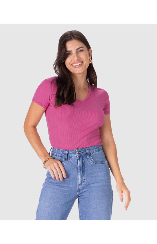 Blusa Básica Feminina Decote V Em Malha Canelada