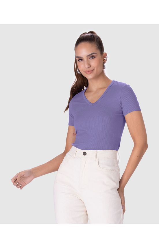 Blusa Básica Feminina Decote V Em Malha Canelada