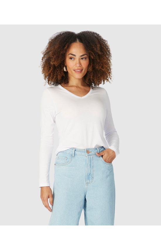 Blusa Básica Feminina Decote V Manga Longa Em Algodão