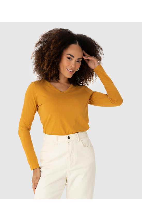 Blusa Básica Feminina Decote V Manga Longa Em Algodão