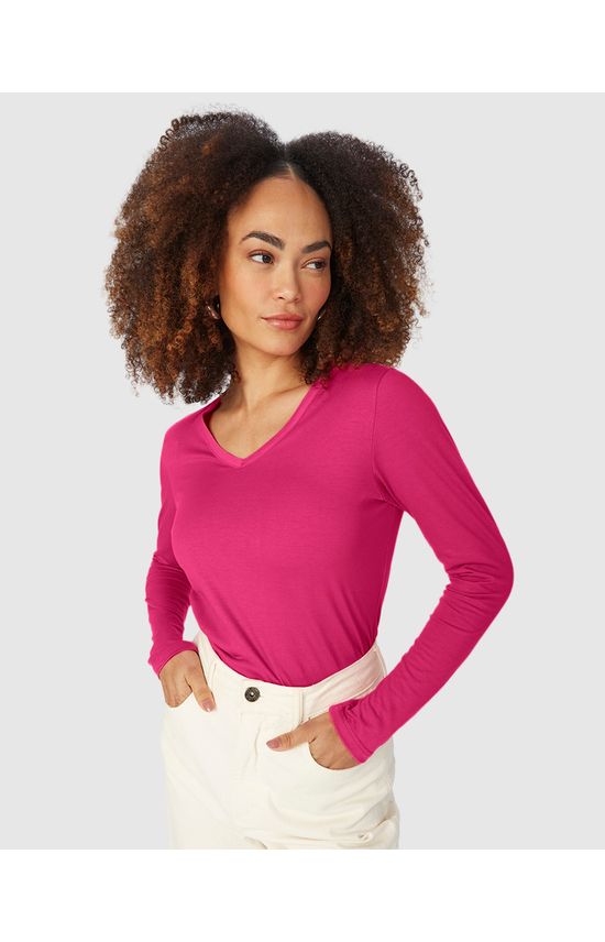 Blusa Básica Feminina Decote V Manga Longa Em Algodão