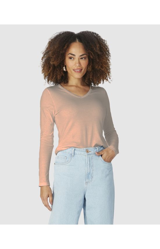 Blusa Básica Feminina Decote V Manga Longa Em Algodão