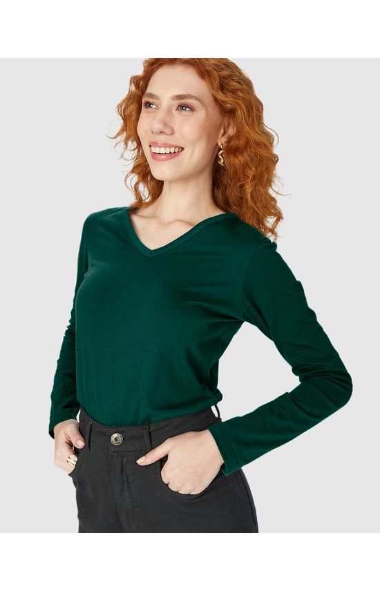Blusa Básica Feminina Decote V Manga Longa Em Algodão