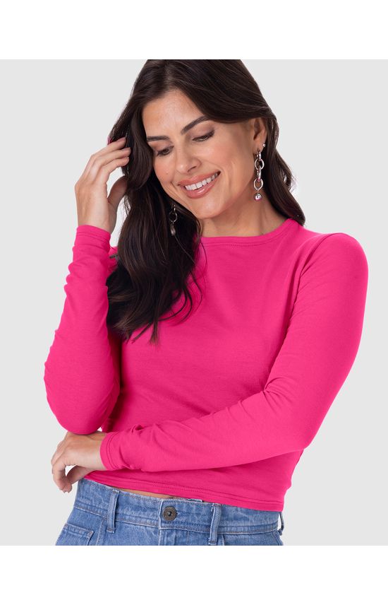 Blusa Cropped Feminina Decote Redondo Manga Longa Em Algodão