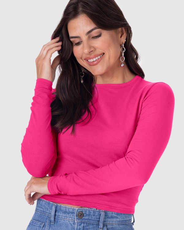 Blusa Cropped Feminina Decote Redondo Manga Longa Em Algodão Rosa - M
