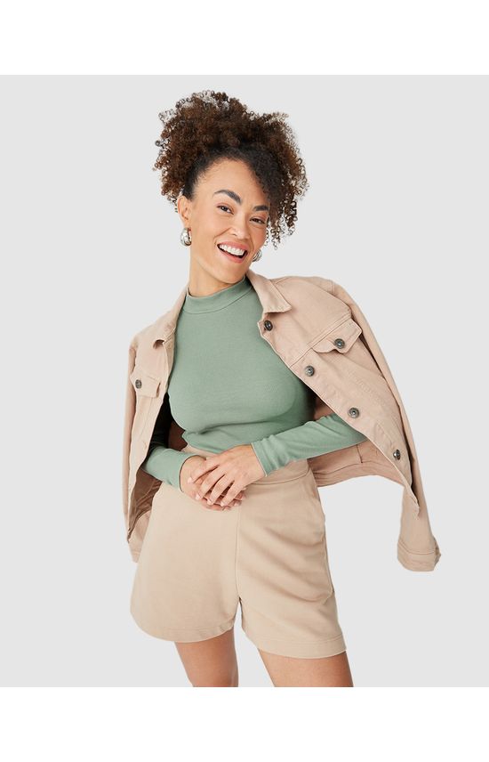 Blusa Básica Feminina Gola Alta Manga Longa Em Ribana