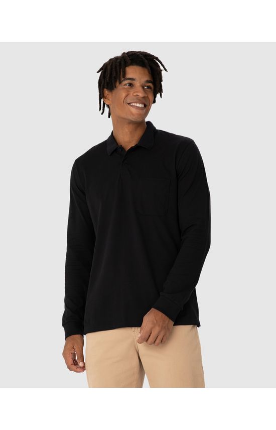 Camisa Polo Básica Masculina Manga Longa Em Piquet Stretch