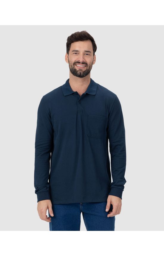Camisa Polo Básica Masculina Manga Longa Em Piquet Stretch