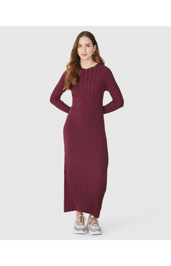 Vestido Midi Feminino Gola Redonda Manga Longa Em Tricô Canelado