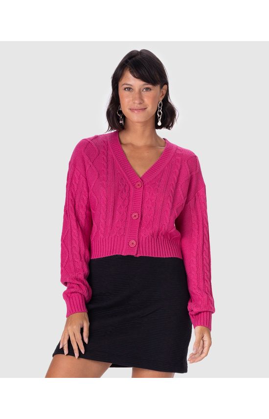 Cardigan Cropped Feminino Trançado Em Tricô