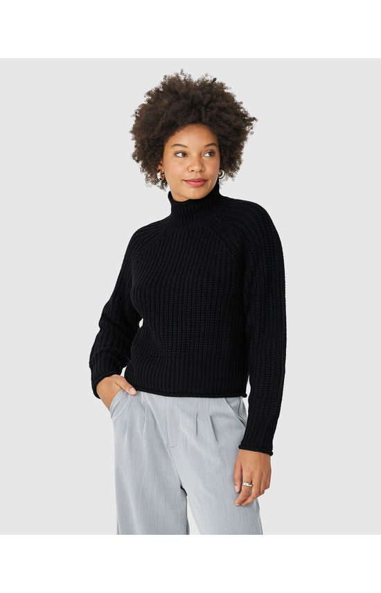 Suéter Cropped Feminino Gola Alta Em Tricô